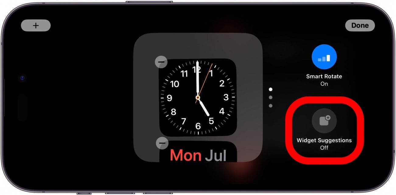 écran des widgets de veille de l'iphone avec l'option de suggestions de widgets entourée en rouge