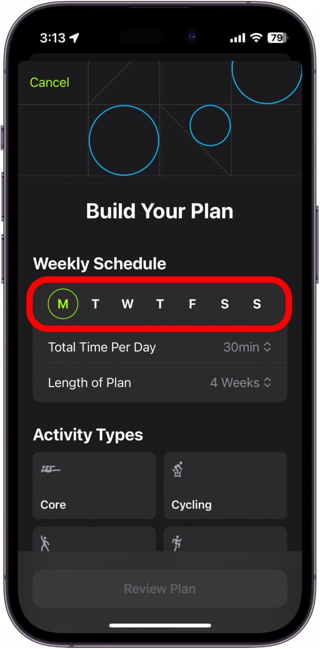 constructeur de plans apple fitness plus avec les jours de la semaine encerclés en rouge