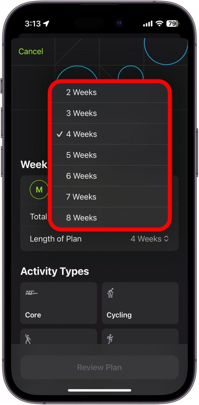 constructeur de plans apple fitness plus avec sélections hebdomadaires entourées en rouge