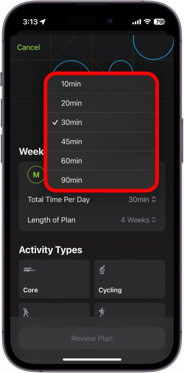 constructeur de plans apple fitness plus avec des sélections de temps encerclées en rouge