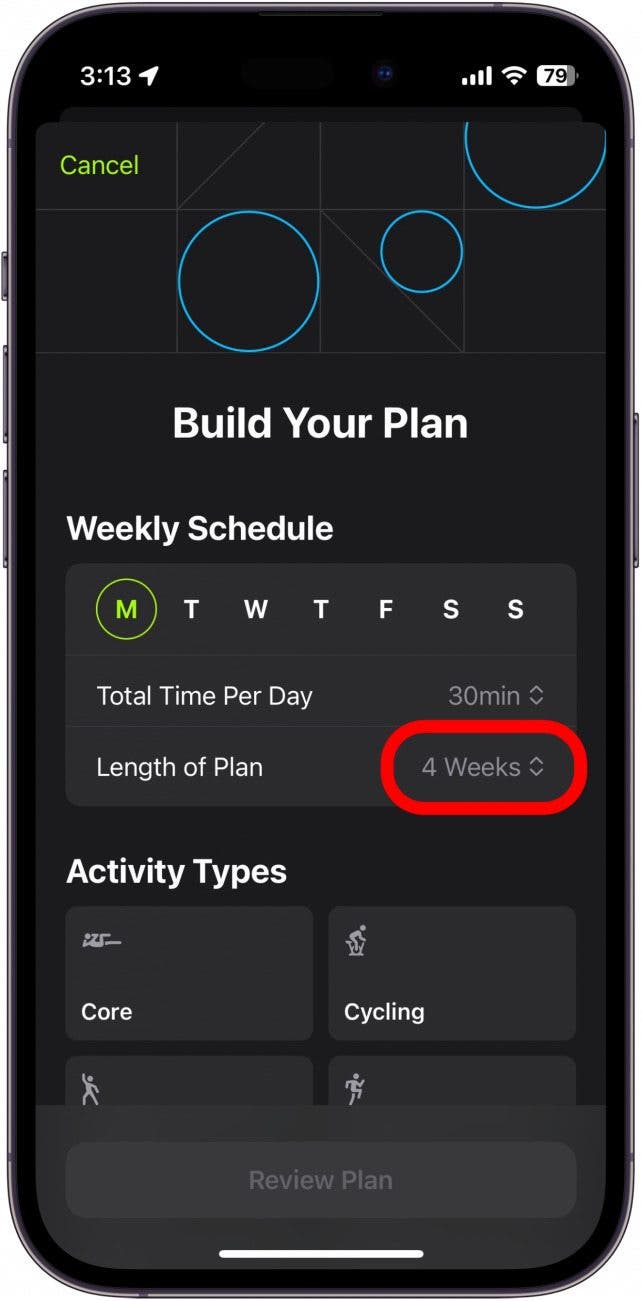 constructeur de plans apple fitness plus avec la longueur du plan encerclée en rouge