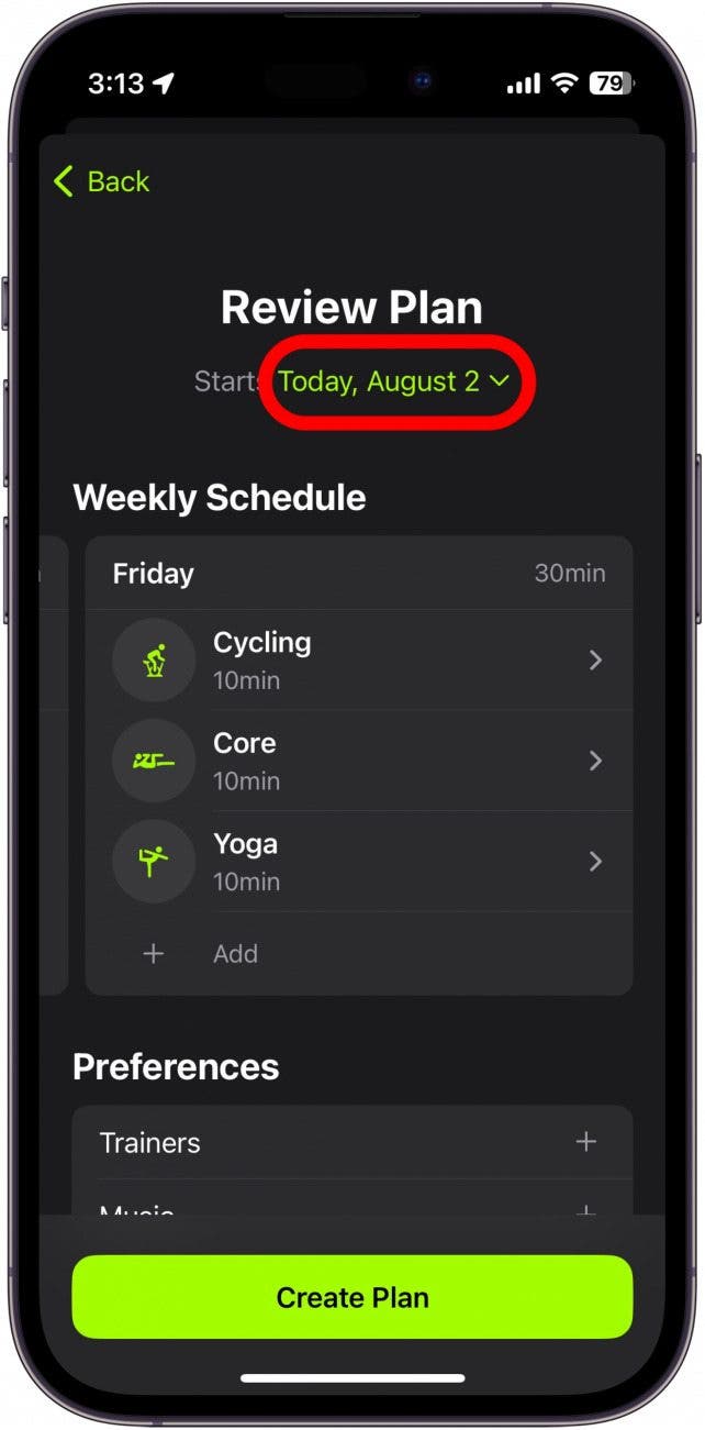 examen du plan apple fitness plus avec date de début encerclée en rouge