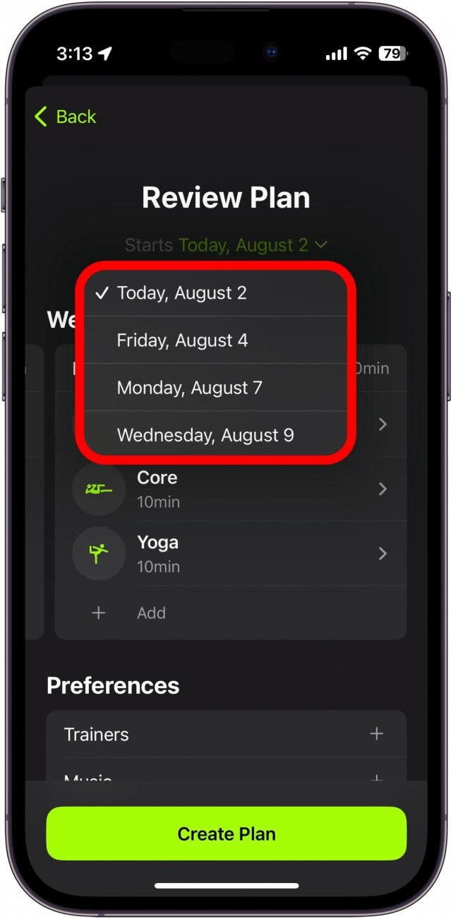 examen du plan apple fitness plus avec options de date de début encerclées en rouge