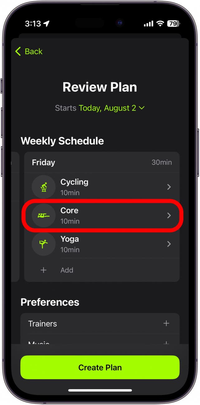 examen du plan apple fitness plus avec activité de base encerclée en rouge