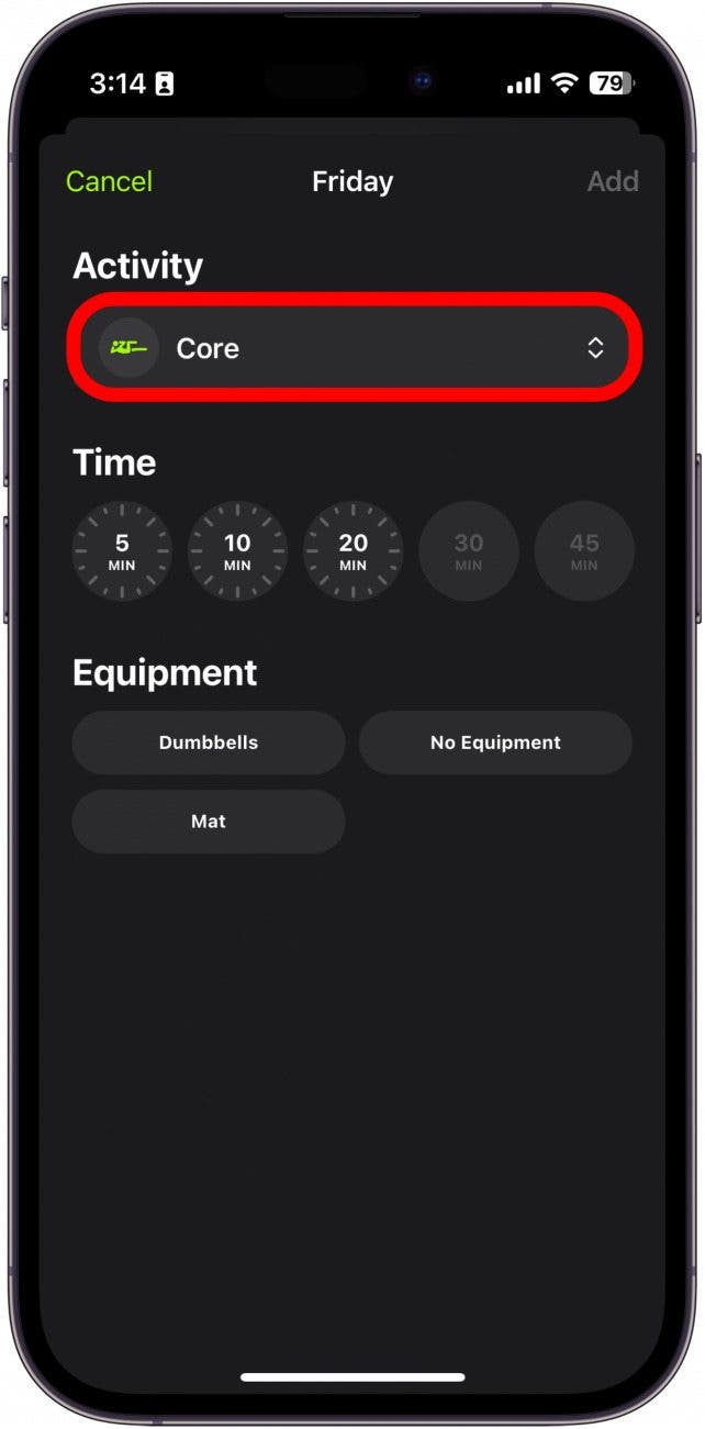examen du plan apple fitness plus avec sélection d'activités encerclée en rouge