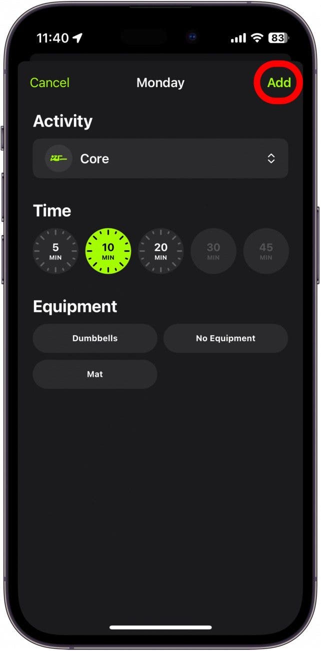 examen du plan apple fitness plus avec bouton d'ajout entouré en rouge