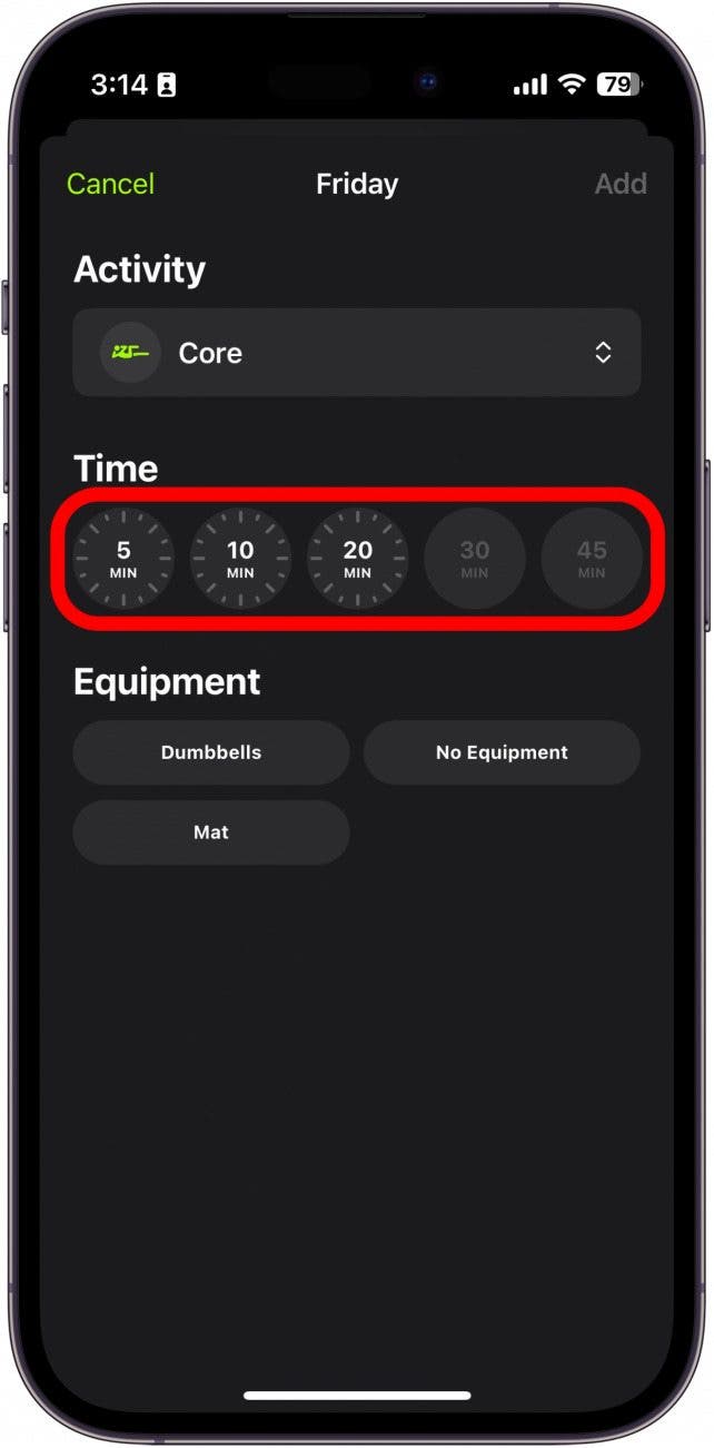 examen du plan apple fitness plus avec le temps d'activité encerclé en rouge