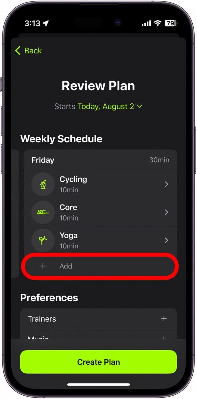 examen du plan apple fitness plus avec bouton d'ajout d'activité entouré en rouge