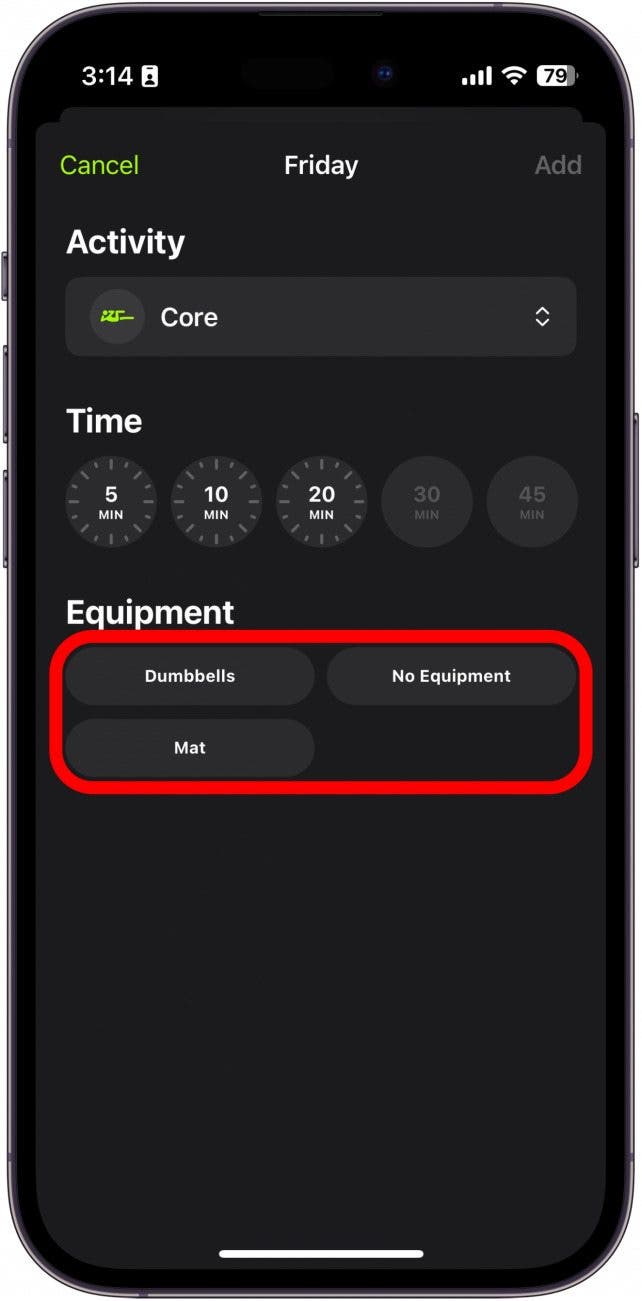 Examen du plan Apple Fitness Plus avec options d'équipement encerclées en rouge