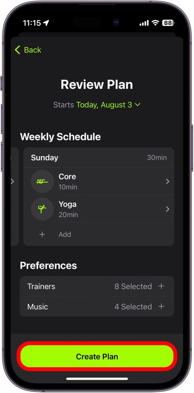 examen du plan apple fitness plus avec le bouton créer un plan entouré en rouge