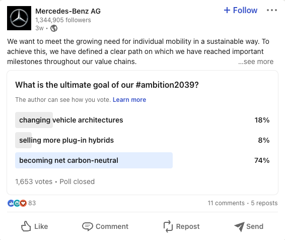 sondage linkedin posté par mercedes-benz demandant des commentaires sur leurs objectifs annuels
