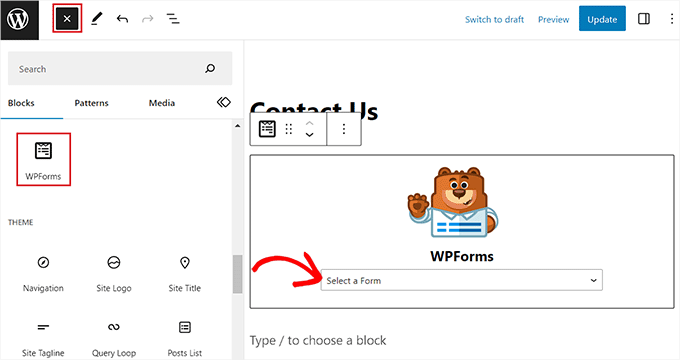 Ajouter le bloc WPForms Ajouter le bloc WPForms
