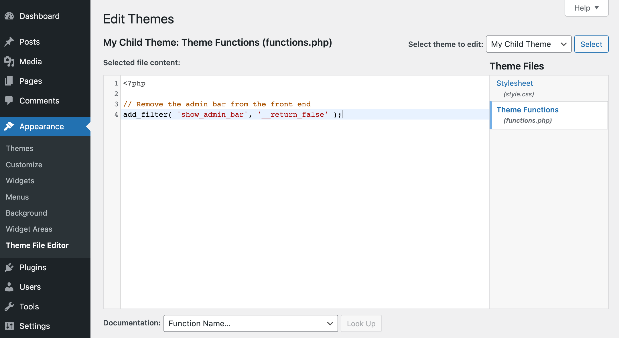 Exemple d'ajout manuel d'un extrait de code à WordPress