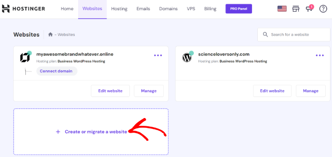 Cliquez sur créer ou migrer un site Web Cliquez sur créer ou migrer un site Web