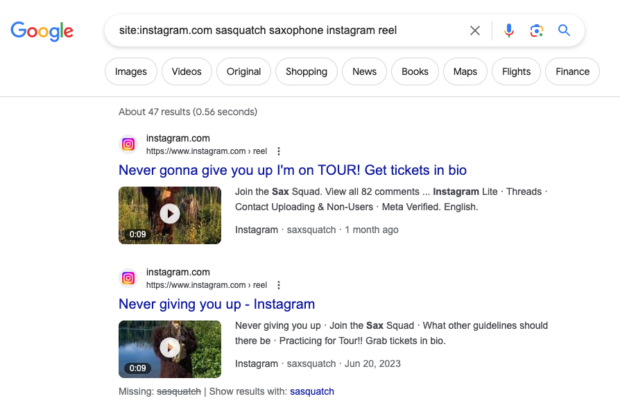 Google Reels regarde l'historique en incluant des mots-clés tels que www.instagram.com