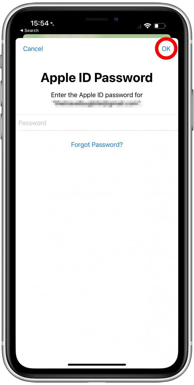 Vous devrez saisir le mot de passe de votre identifiant Apple et appuyer sur OK.
