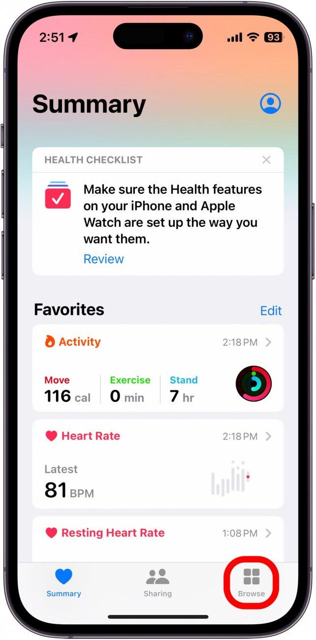 application santé avec onglet Parcourir entouré en rouge