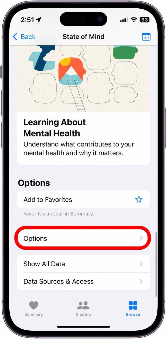 état d'esprit de l'iphone avec bouton d'options de santé mentale entouré en rouge