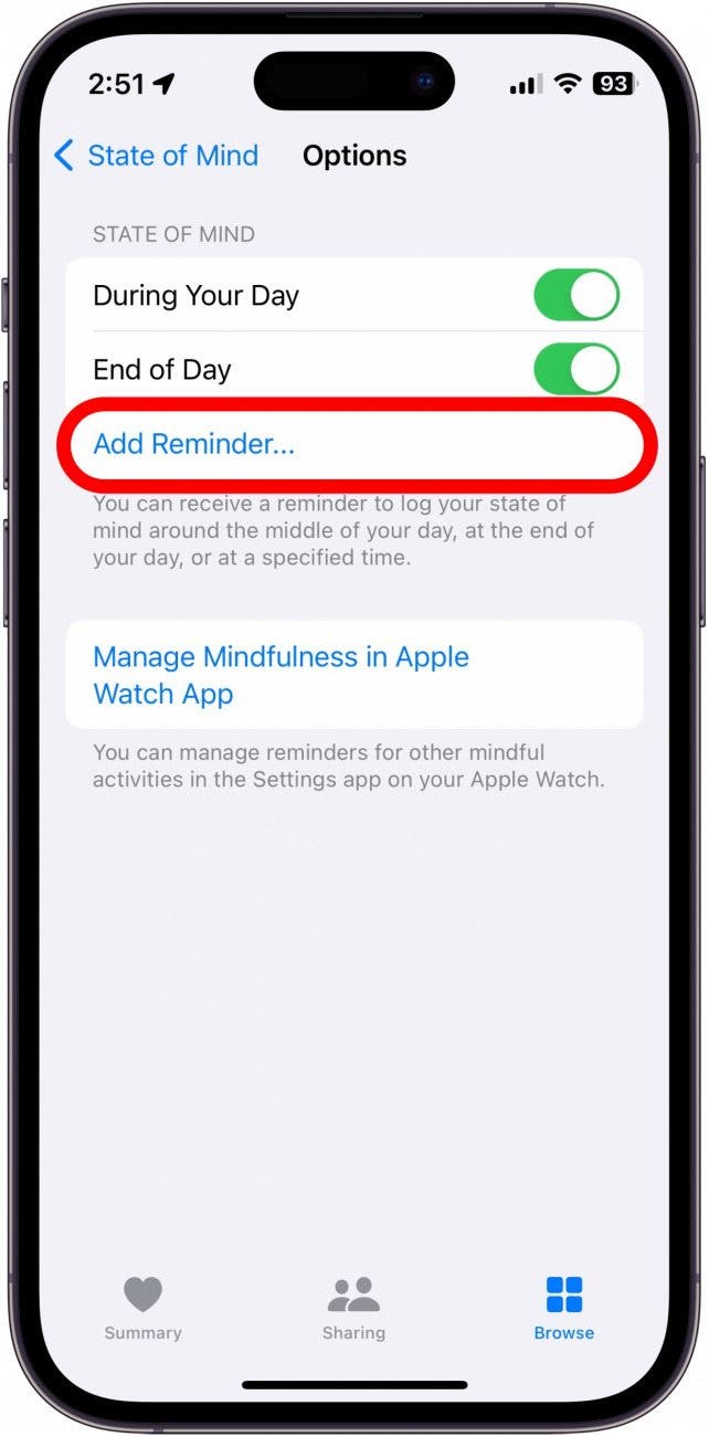 paramètres de rappel de l'état de santé de l'iphone avec le bouton Ajouter un rappel entouré en rouge