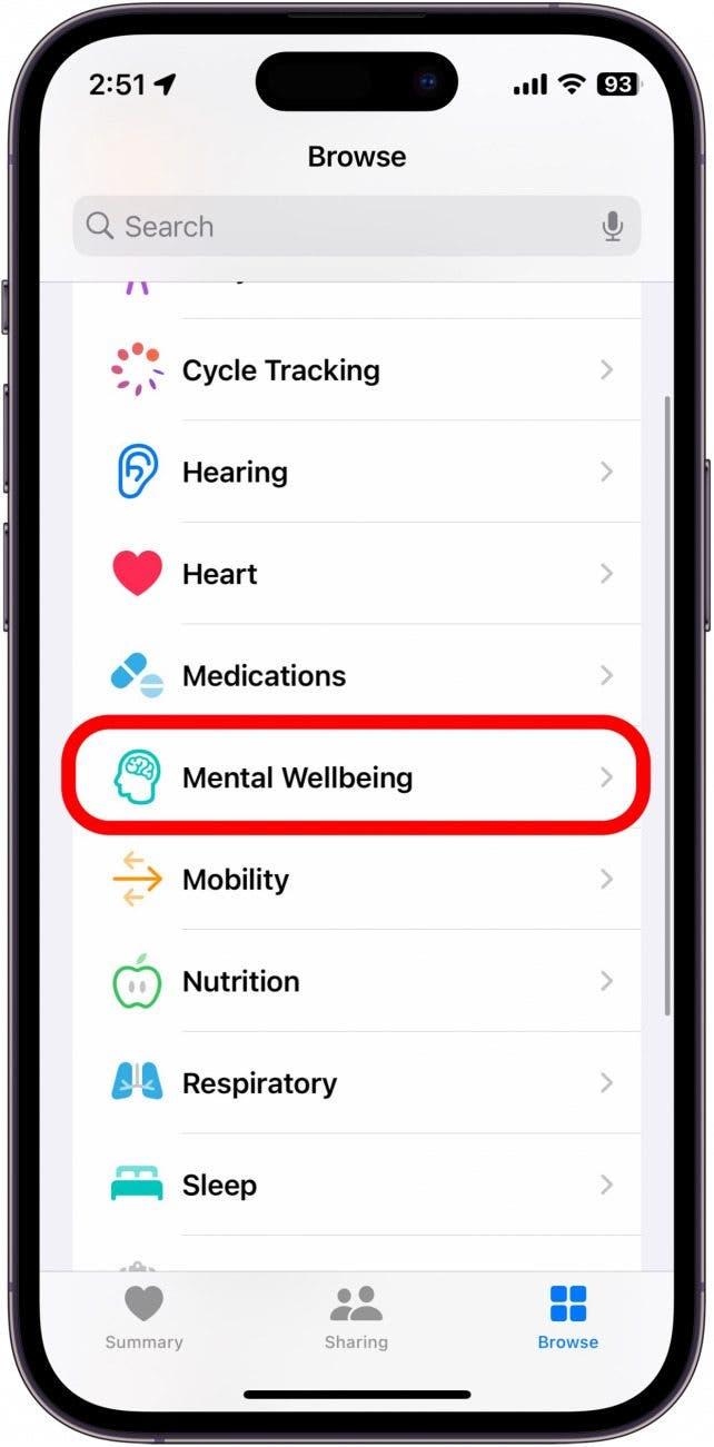 application de santé avec option de bien-être mental entourée en rouge
