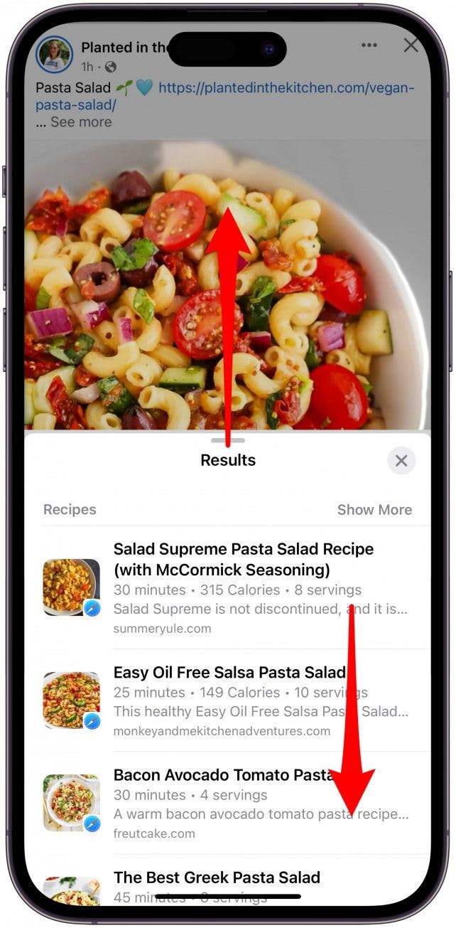 Faites glisser votre doigt vers le haut et faites défiler pour voir les différentes options en fonction du temps de cuisson, des calories et de la taille des portions.