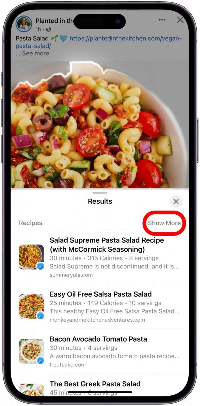 Vous verrez une liste de recettes. Appuyez sur Afficher plus pour voir plus d'options.