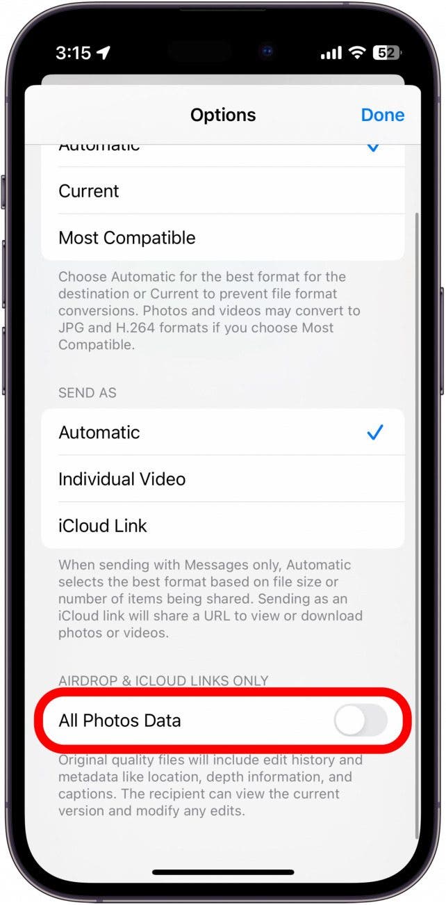 Écran d'options de photos de l'iPhone avec toutes les données de photos entourées en rouge