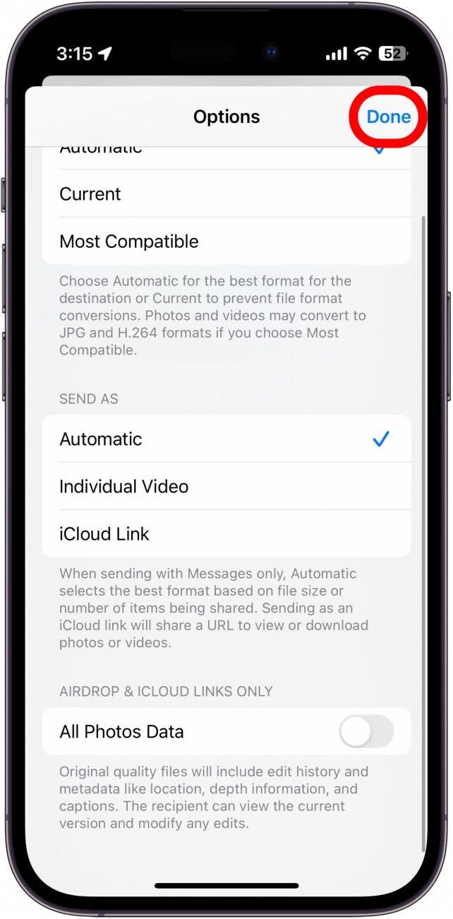 écran d'options de photos iphone avec bouton terminé entouré en rouge