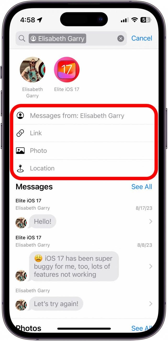 Résultats de recherche de messages iPhone avec options de filtre de recherche entourées en rouge