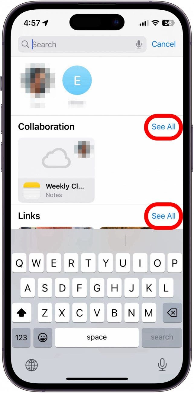 page de résultats de recherche de messages iPhone avec des cercles rouges autour