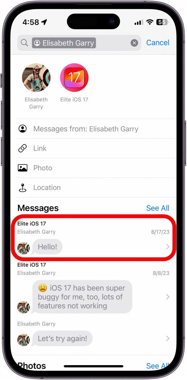 Les messages iPhone ont filtré les résultats de recherche avec un message spécifique entouré en rouge, qui se lit comme suit :