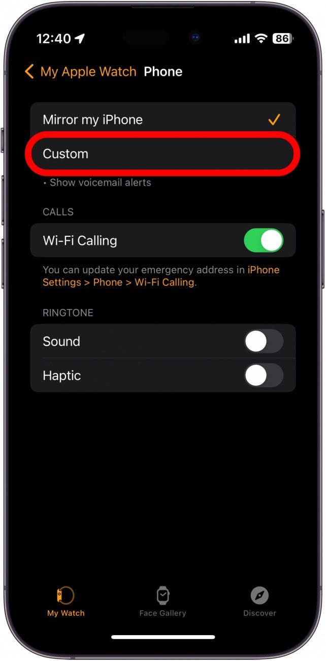Paramètres du téléphone Apple Watch avec personnalisé entouré en rouge