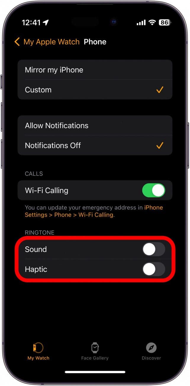paramètres du téléphone Apple Watch avec bascules sonores et haptiques entourées en rouge