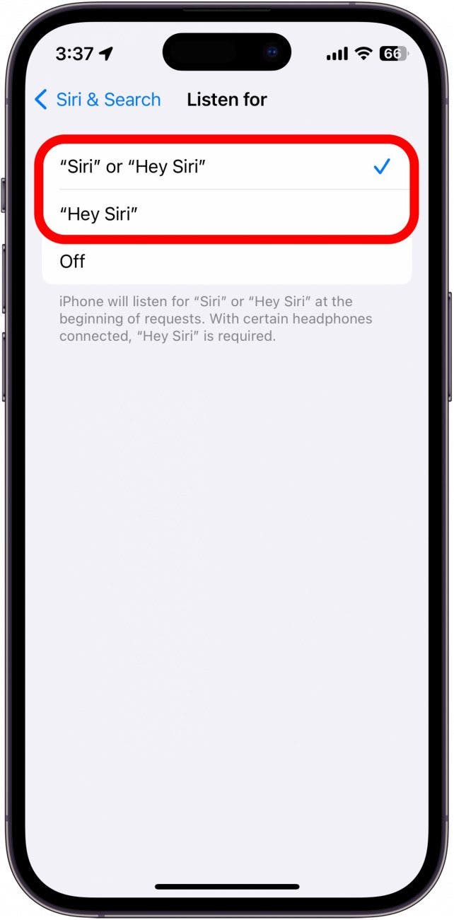 iphone siri écoutez les paramètres avec deux options entourées en rouge. option 1 : siri ou hey siri, option 2 : hey siri