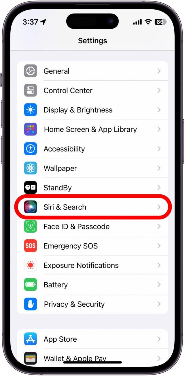 paramètres iphone avec siri et recherche entourés en rouge