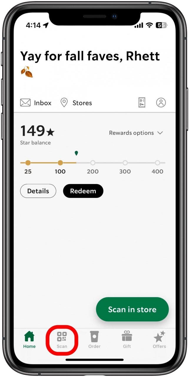 appuyez sur l'onglet Scan pour payer avec l'application Starbucks en magasin