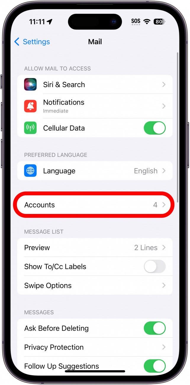 Paramètres de messagerie iPhone avec comptes entourés en rouge