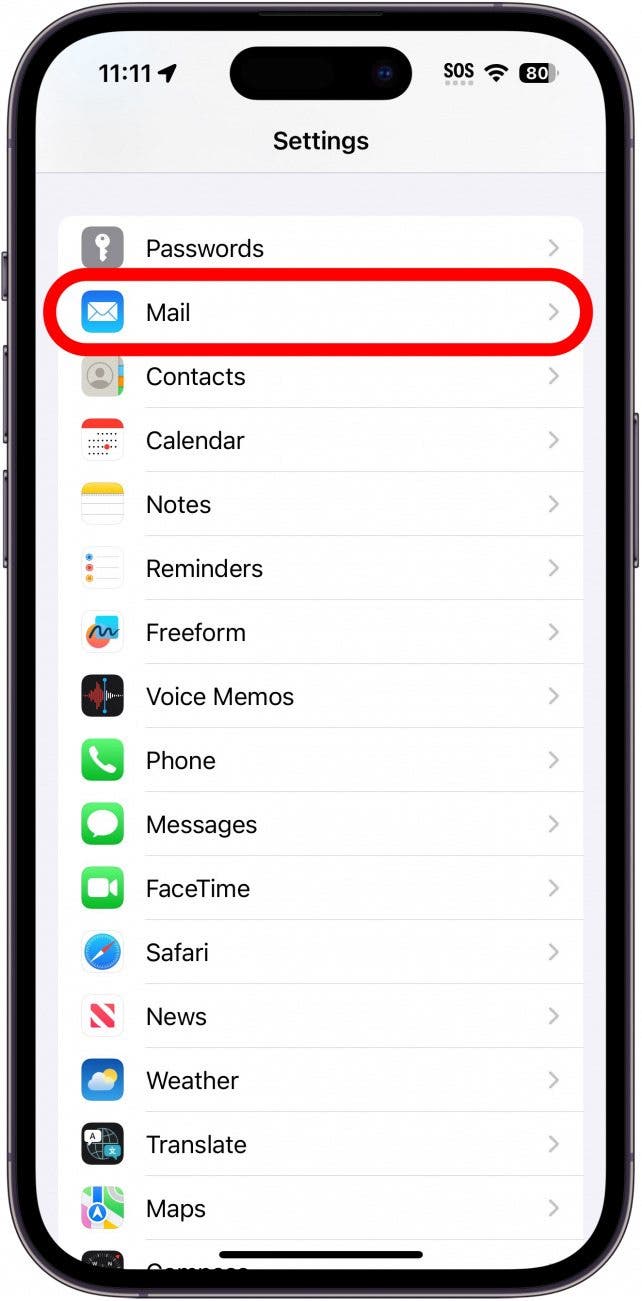 paramètres iphone avec mail entouré en rouge