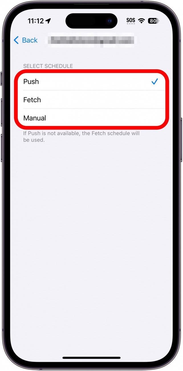 iPhone récupère les paramètres d'un compte spécifique avec les options suivantes entourées en rouge : push, fetch et manuel
