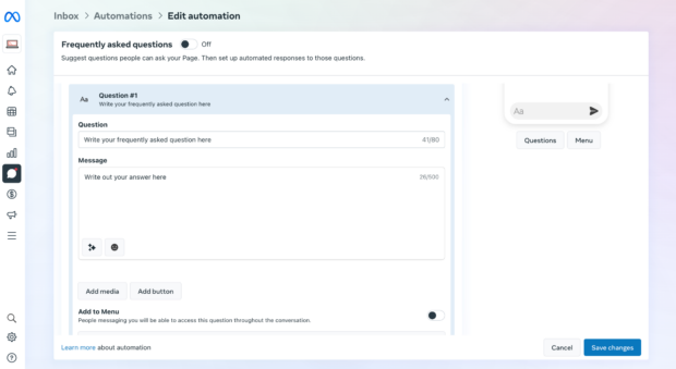 L'écran d'édition d'automatisation dans Meta Business Suite vous permet d'écrire votre propre texte pour une réponse automatique Instagram