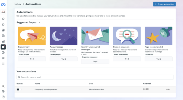 Le menu Automatisations de la boîte de réception affiche les options suggérées, notamment les réponses instantanées et les messages d'absence.