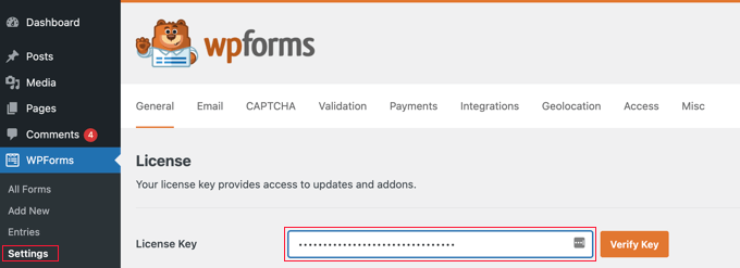 Saisie de la clé de licence WPForms Saisie de la clé de licence WPForms