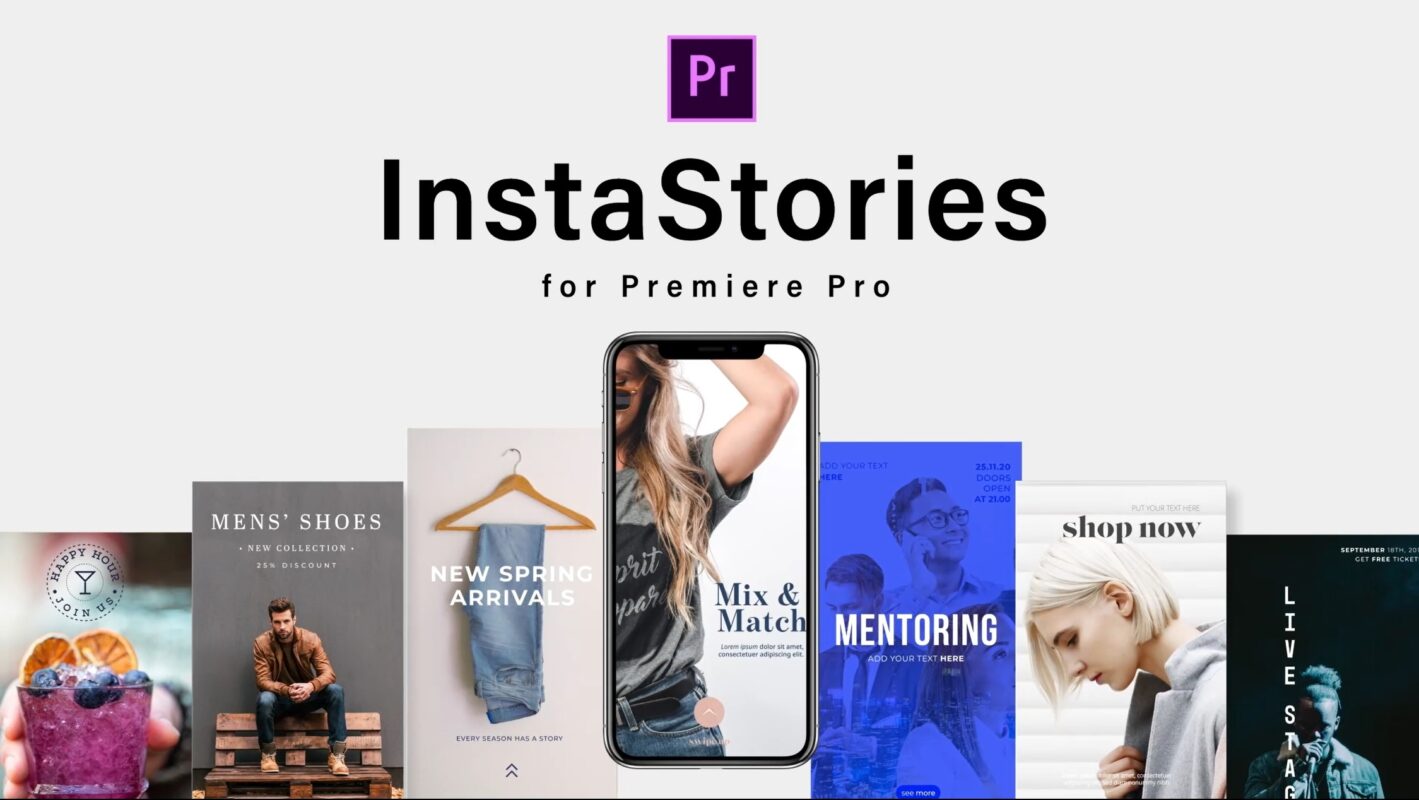 Pack de graphiques de mouvement InstaStories. Modèle de médias sociaux Premiere Pro