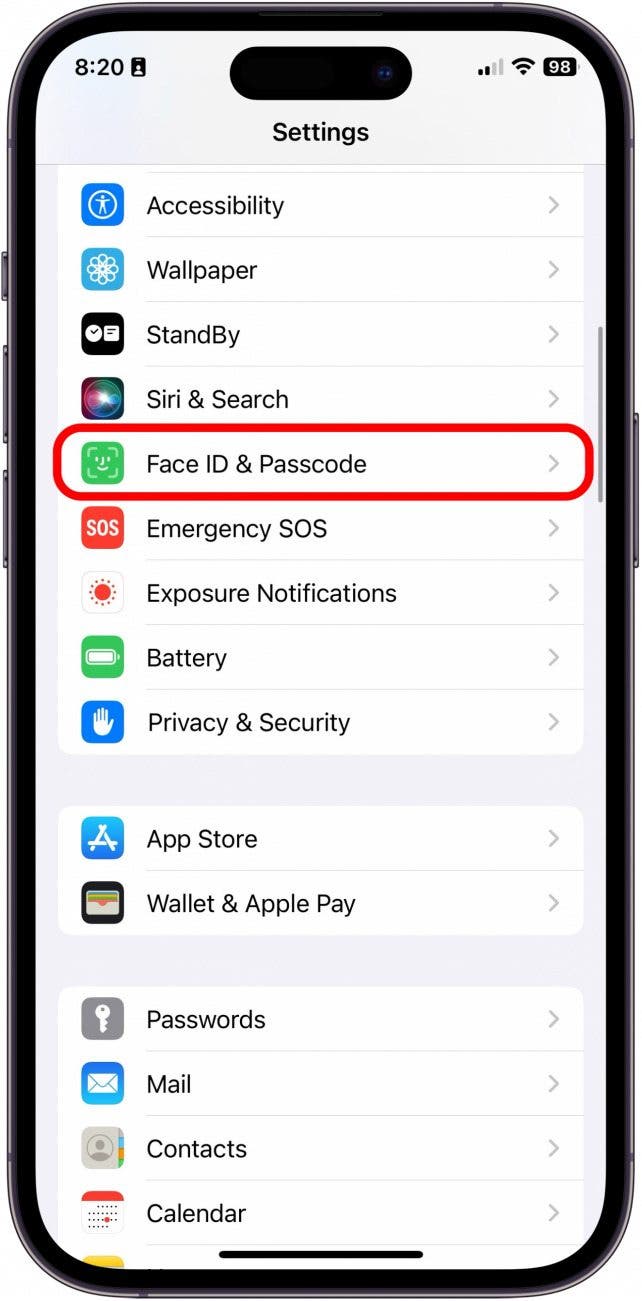 Appuyez sur Face ID et mot de passe.