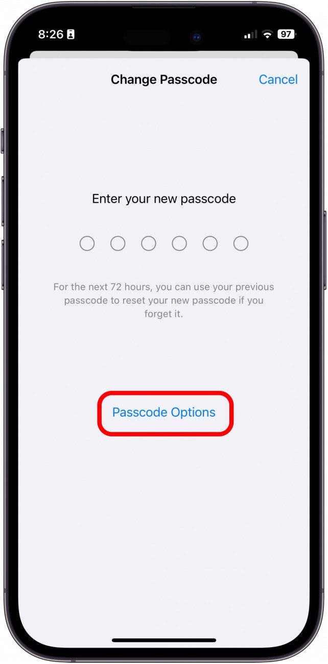 Ensuite, entrez un nouveau mot de passe. Appuyez sur Options de code d'accès pour des options supplémentaires pour les codes d'accès.