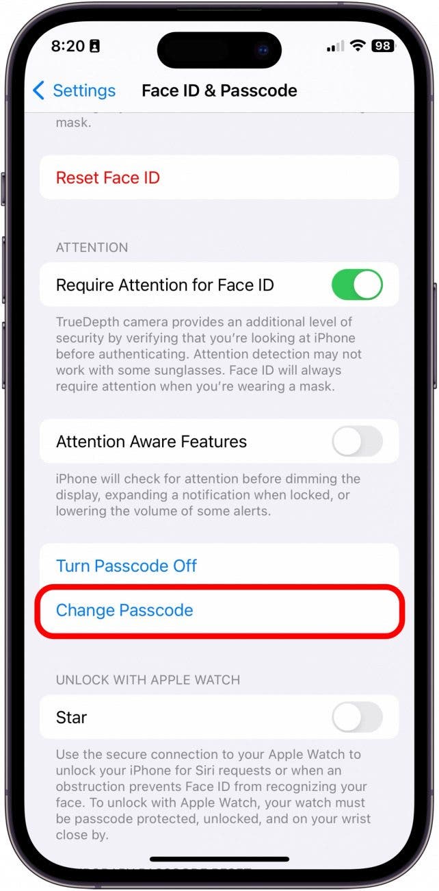 Appuyez sur Modifier le code d'accès.