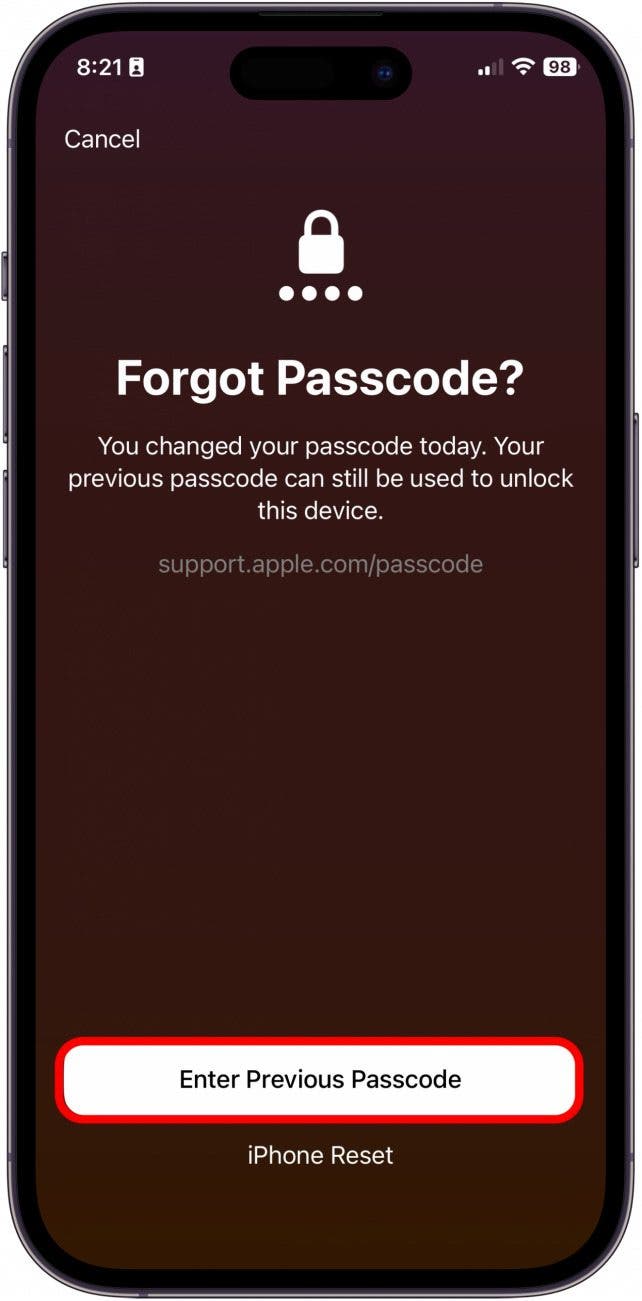 Appuyez sur Saisir le code précédent.
