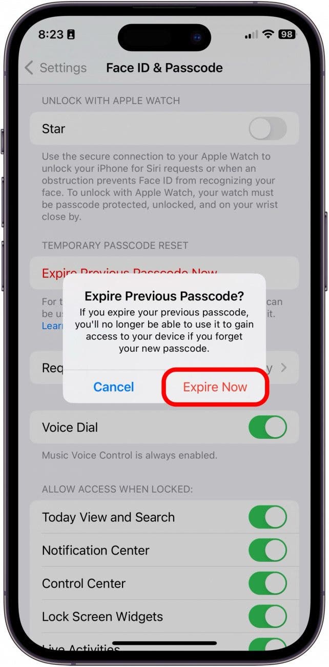 Appuyez sur Expirer maintenant. L'option disparaîtra et personne ne pourra utiliser l'ancien mot de passe pour accéder à votre iPhone.