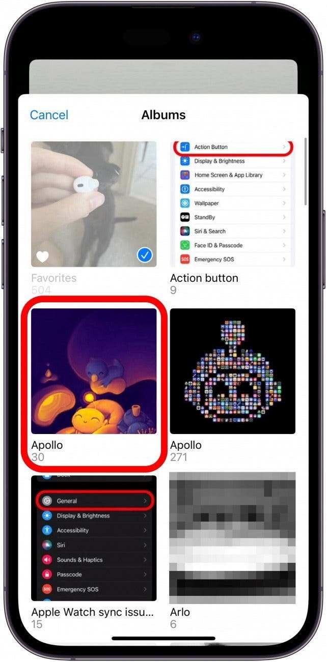 sélection d'album photo shuffle sur iphone avec un album entouré en rouge