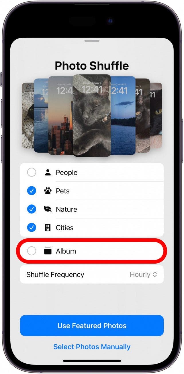 paramètres de lecture aléatoire des photos de l'iphone avec le bouton album entouré en rouge